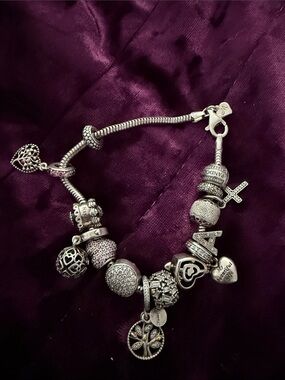 Pandora Silver Charm Bracelet with Heart, Tree & Cross Charms